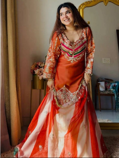 Designer Satin Silk Embroidered Sharara Palazzo Suit
