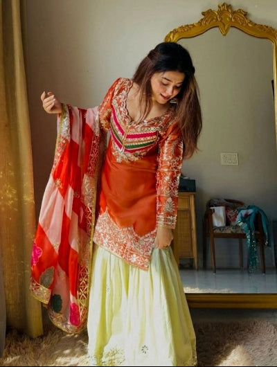 Designer Satin Silk Embroidered Sharara Palazzo Suit