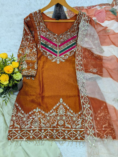 Designer Satin Silk Embroidered Sharara Palazzo Suit