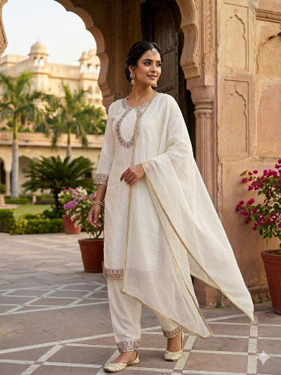 White Roman Silk Embroidered Kurta Set with Dupatta