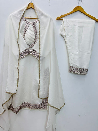 White Roman Silk Embroidered Kurta Set with Dupatta
