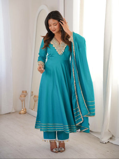 Teal Blue Ethnic Embroidered Anarkali Set