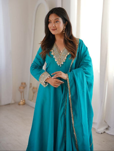 Teal Blue Ethnic Embroidered Anarkali Set