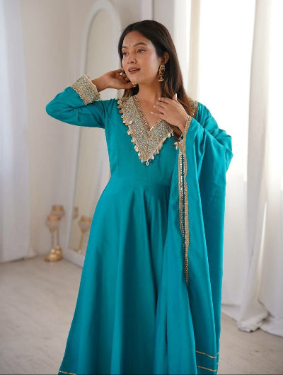 Teal Blue Ethnic Embroidered Anarkali Set