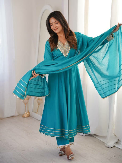 Teal Blue Ethnic Embroidered Anarkali Set