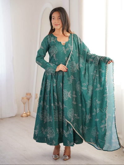 Teal Green Printed Muslin Anarkali Suit Set