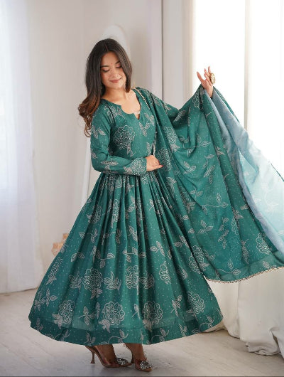 Teal Green Printed Muslin Anarkali Suit Set
