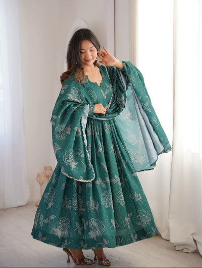 Teal Green Printed Muslin Anarkali Suit Set