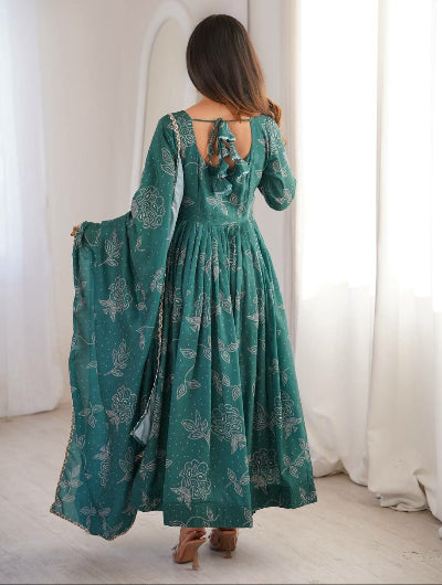 Teal Green Printed Muslin Anarkali Suit Set
