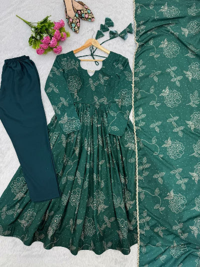 Teal Green Printed Muslin Anarkali Suit Set