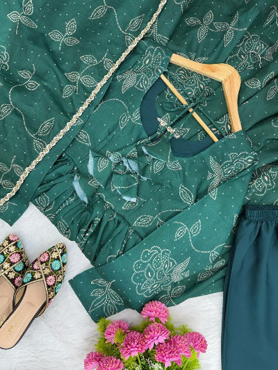 Teal Green Printed Muslin Anarkali Suit Set
