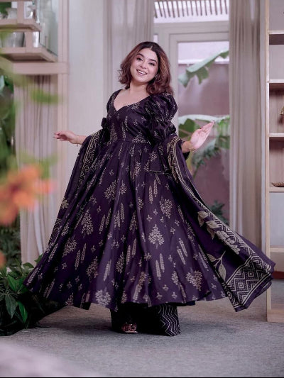 Midnight Plum Printed Muslin Cotton Anarkali Suit