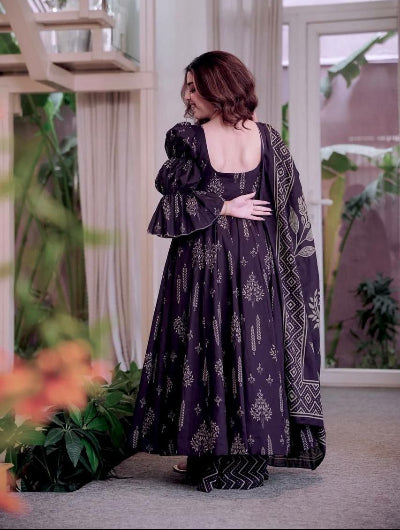 Midnight Plum Printed Muslin Cotton Anarkali Suit