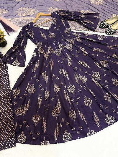Midnight Plum Printed Muslin Cotton Anarkali Suit