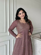 Soft Mauve Brown Georgette Embroidery Anarkali Set - BONYHUBSALWAR KAMEEZ