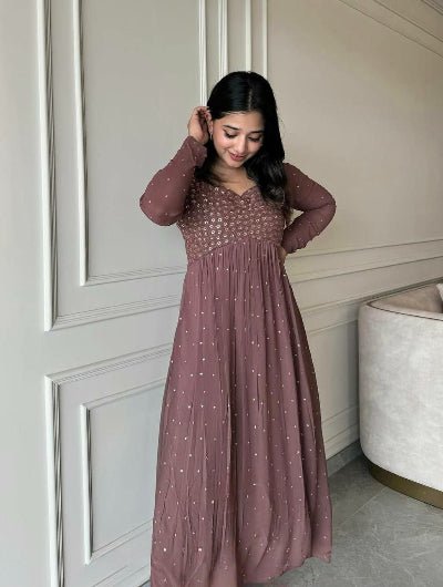 Soft Mauve Brown Georgette Embroidery Anarkali Set - BONYHUBSALWAR KAMEEZ