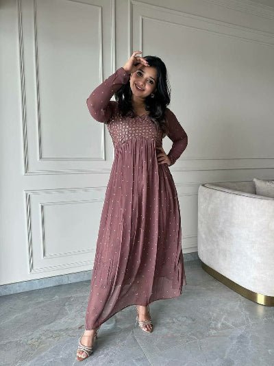 Soft Mauve Brown Georgette Embroidery Anarkali Set - BONYHUBSALWAR KAMEEZ