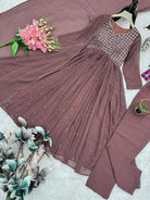Soft Mauve Brown Georgette Embroidery Anarkali Set - BONYHUBSALWAR KAMEEZ