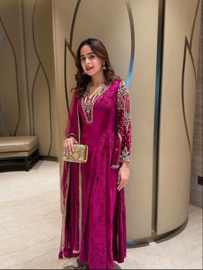 Magenta Pink Velvet Luxe Zari Sequin Suit Set - BONYHUBSALWAR KAMEEZ