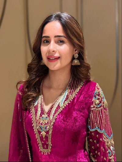 Magenta Pink Velvet Luxe Zari Sequin Suit Set - BONYHUBSALWAR KAMEEZ