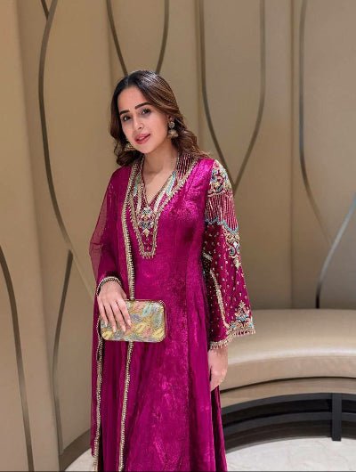 Magenta Pink Velvet Luxe Zari Sequin Suit Set - BONYHUBSALWAR KAMEEZ