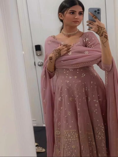 Pastel Mauve Pink Sequins Georgette Anarkali Suit - BONYHUBSALWAR KAMEEZ
