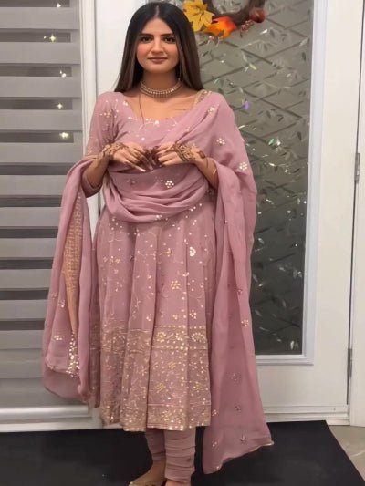 Pastel Mauve Pink Sequins Georgette Anarkali Suit - BONYHUBSALWAR KAMEEZ