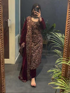 Deep Red Velvet Embroidery Work Straight Suit Set - BONYHUBSALWAR KAMEEZ