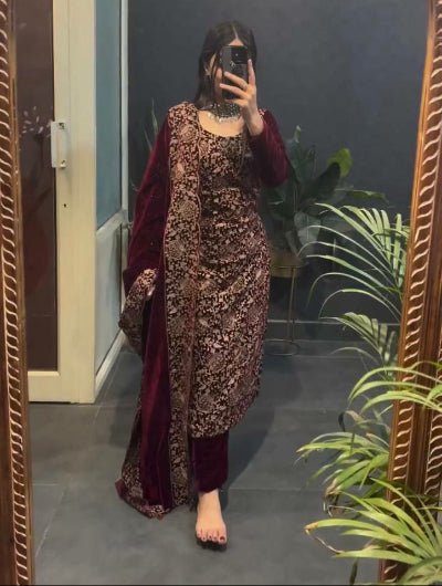 Deep Red Velvet Embroidery Work Straight Suit Set - BONYHUBSALWAR KAMEEZ