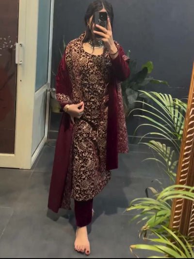 Deep Red Velvet Embroidery Work Straight Suit Set - BONYHUBSALWAR KAMEEZ