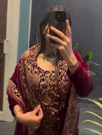 Deep Red Velvet Embroidery Work Straight Suit Set - BONYHUBSALWAR KAMEEZ