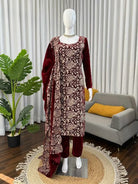 Deep Red Velvet Embroidery Work Straight Suit Set - BONYHUBSALWAR KAMEEZ