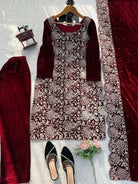 Deep Red Velvet Embroidery Work Straight Suit Set - BONYHUBSALWAR KAMEEZ