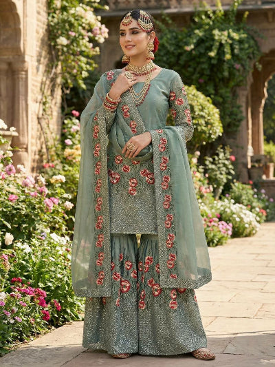 Sage Green Floral Embroidery Work Gharara Suit