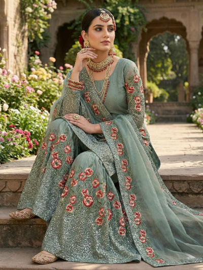 Sage Green Floral Embroidery Work Gharara Suit