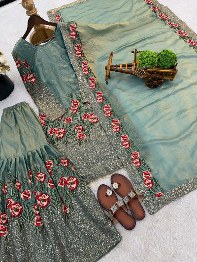 Sage Green Floral Embroidery Work Gharara Suit