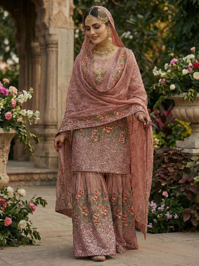 Pastel Blush Pink Floral Embroidery Work Gharara Suit