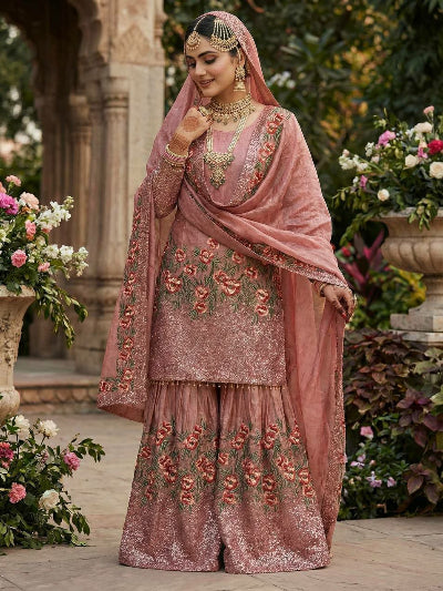 Pastel Blush Pink Floral Embroidery Work Gharara Suit