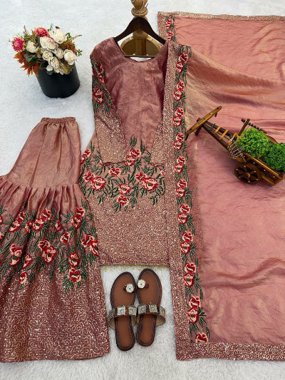 Pastel Blush Pink Floral Embroidery Work Gharara Suit