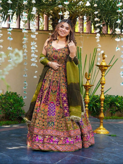 Olive Multicolour Organza Silk Gown Dupatta Set Of 2