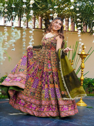 Olive Multicolour Organza Silk Gown Dupatta Set Of 2