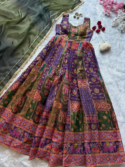 Olive Multicolour Organza Silk Gown Dupatta Set Of 2