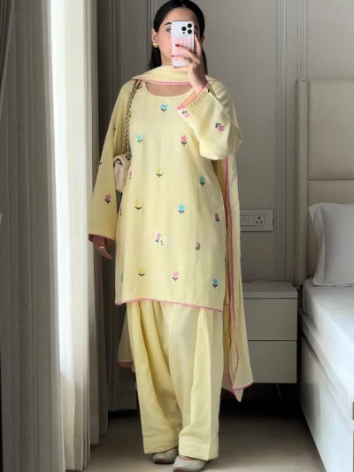 Soft Butter Yellow Chanderi Cotton Embroidered Farshi Sut Set