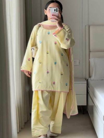 Soft Butter Yellow Chanderi Cotton Embroidered Farshi Sut Set