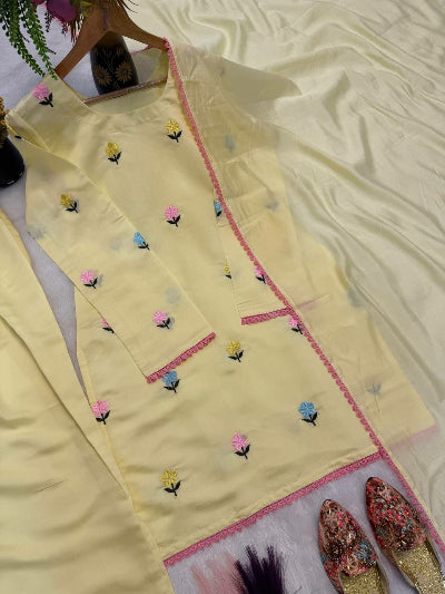 Soft Butter Yellow Chanderi Cotton Embroidered Farshi Sut Set