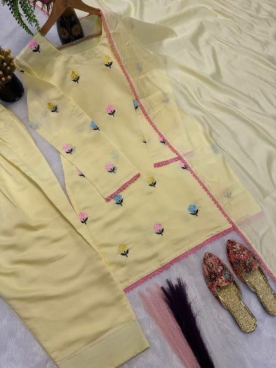 Soft Butter Yellow Chanderi Cotton Embroidered Farshi Sut Set