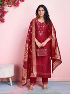 Red Viscous Silk Embroidery Suit Gold Jacquard Dupatta - BONYHUBSALWAR KAMEEZ