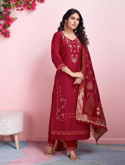 Red Viscous Silk Embroidery Suit Gold Jacquard Dupatta - BONYHUBSALWAR KAMEEZ