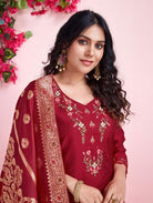 Red Viscous Silk Embroidery Suit Gold Jacquard Dupatta - BONYHUBSALWAR KAMEEZ