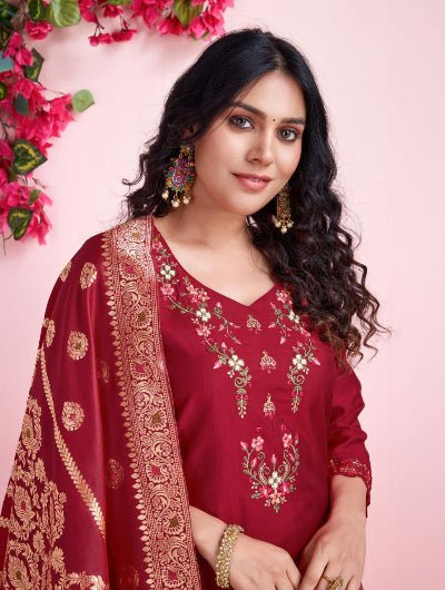 Red Viscous Silk Embroidery Suit Gold Jacquard Dupatta - BONYHUBSALWAR KAMEEZ